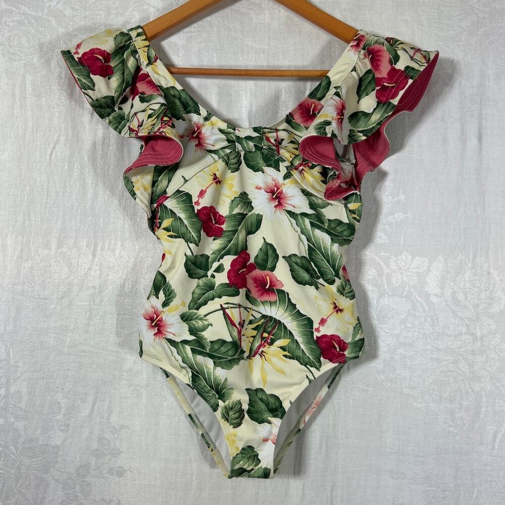 Janie Jack Swim Suit 12 One Piece Yellow Green Pink Floral Ruffle Sleeves